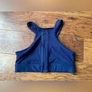 Blue front zipper swimsuit top